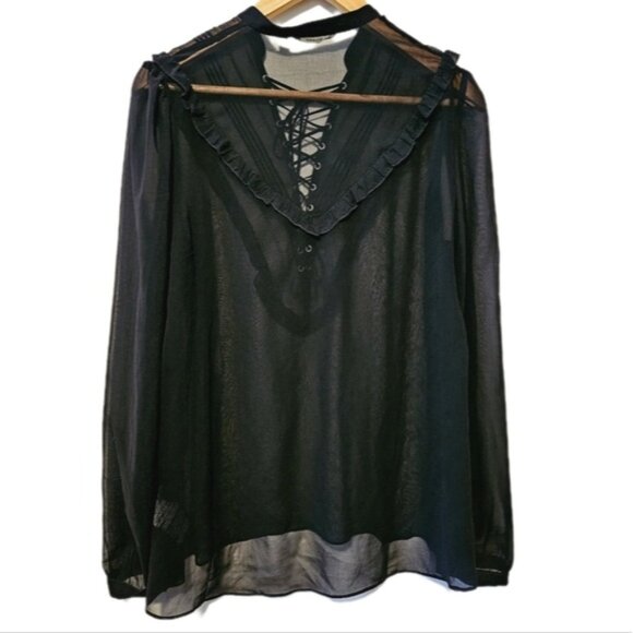 3/$13 | Sheer BlackRomantic Long Sleeve Peasant Bohemian Goth Witchy Blouse - Picture 7 of 9